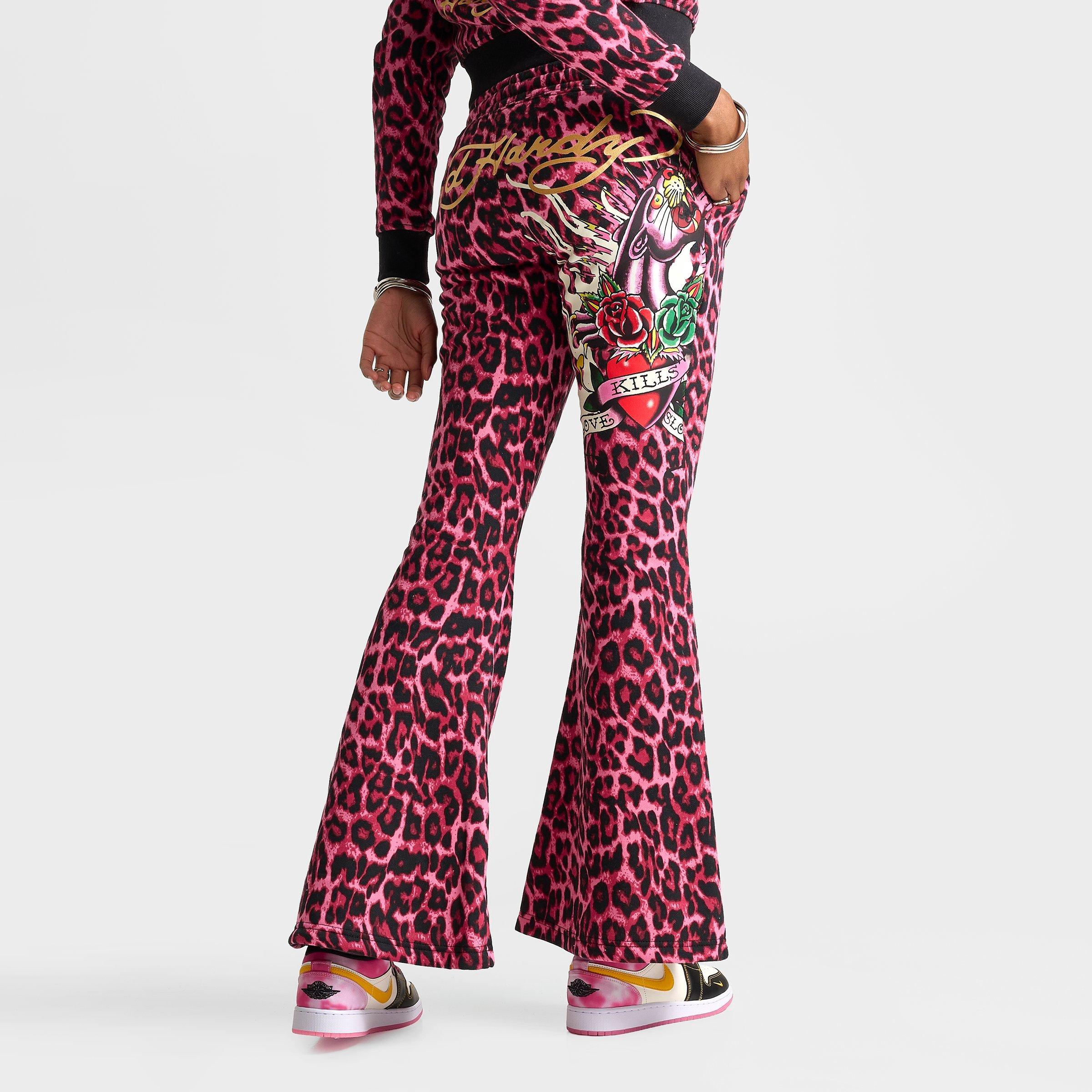 Ed Hardy Pink Panther Leopard Bootcut Fleece Pants