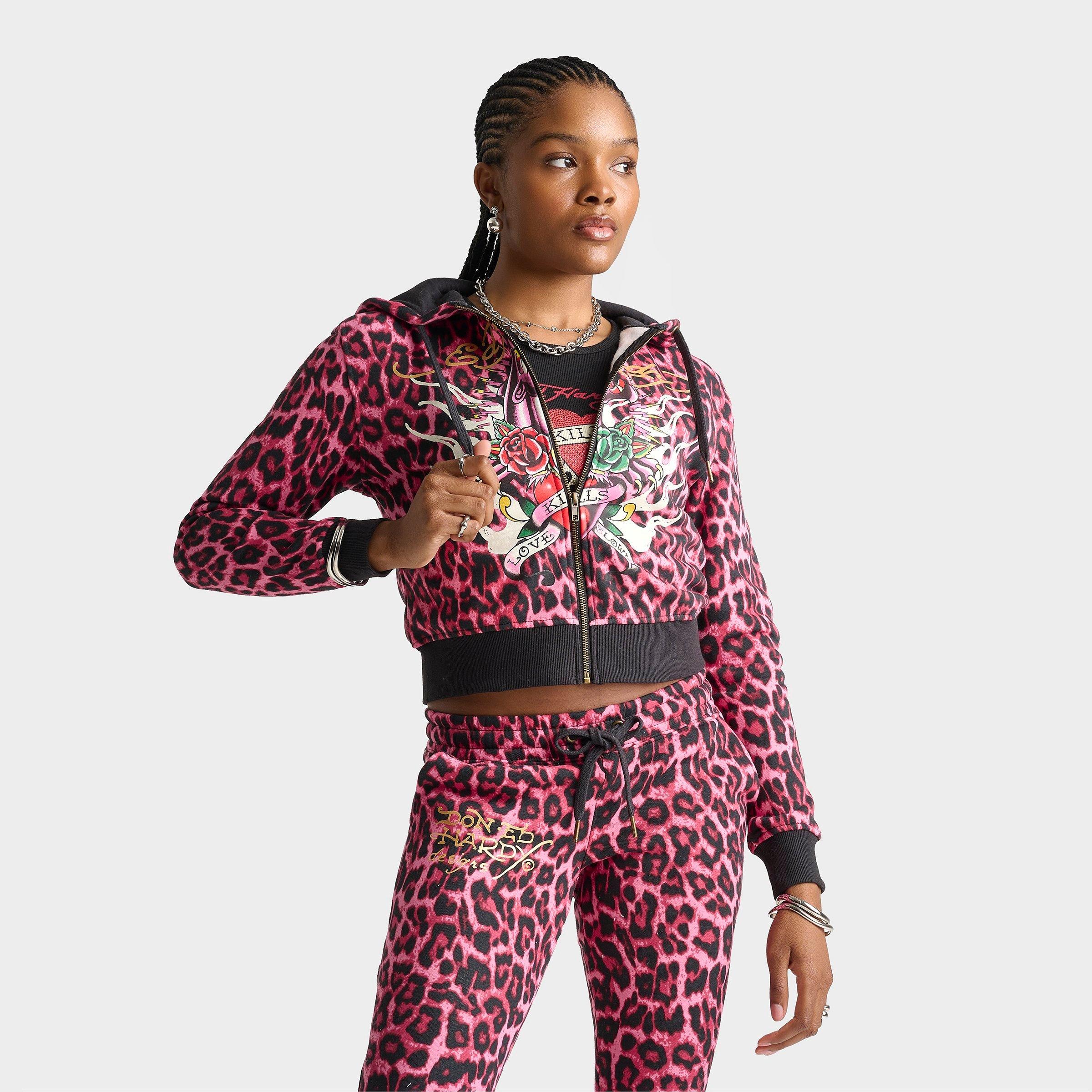 Ed Hardy Pink Panther Leopard Relaxed Full-Zip Hoodie